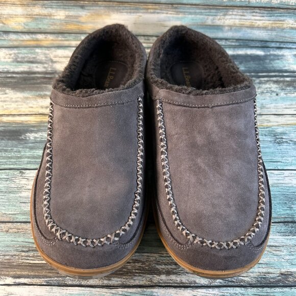 LL Bean Mountain Slippers Mens 11 Stain Resistant Gray Suede Fleece Lined Scuffs main image 9